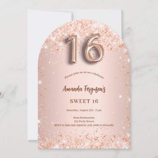 Sweet 16 Rose Goldpinke Konfetti Bogen Einladung (Vorderseite)
