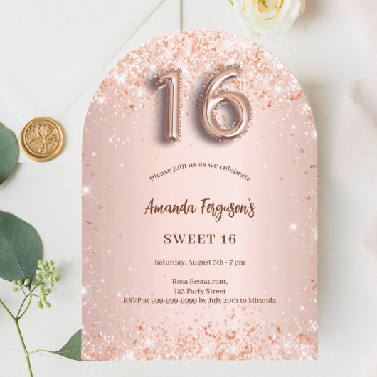 Sweet 16 Rose Goldpinke Konfetti Bogen Einladung