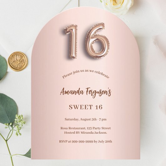 Sweet 16 Rose Goldrosa Bogen Einladung