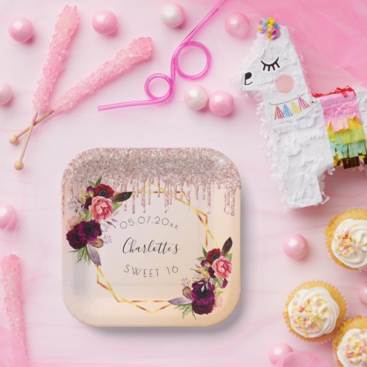 Sweet 16 Rose Goldrot Glitzer Blumengeometrie Pappteller (Party)