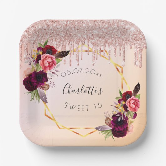 Sweet 16 Rose Goldrot Glitzer Blumengeometrie Pappteller (Vorderseite)