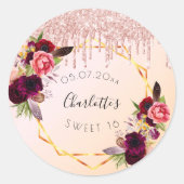 Sweet 16 Rose Goldrot Glitzer Blumengeometrie Runder Aufkleber (Vorderseite)