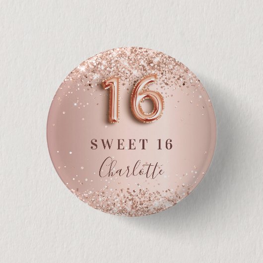 Sweet 16 Rose Goldrot Glitzer Namensschild Button (Vorderseite)