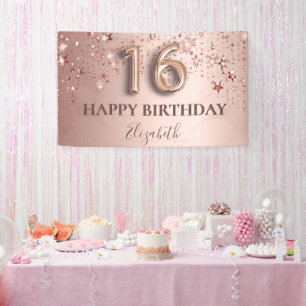 Sweet 16 Rose Goldstars Party Banner