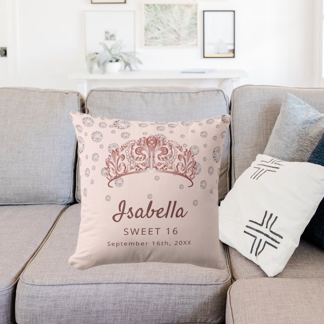 Sweet 16 Rose Goldtiara-Krone Rosa Monogramm Kissen (Von Creator hochgeladen)