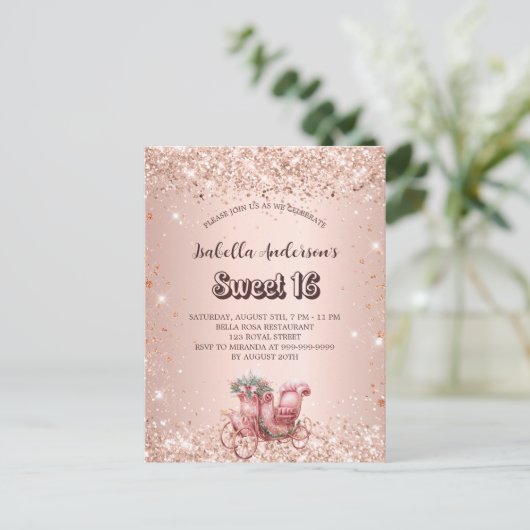 Sweet 16 Rose Goldwagen elegant Einladungspostkarte (Stehend Vorderseite)