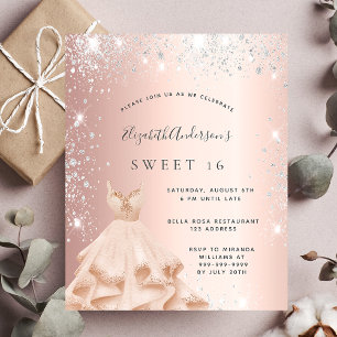 Sweet 16 Roségold Silber Glitter Kleid Einladungspostkarte