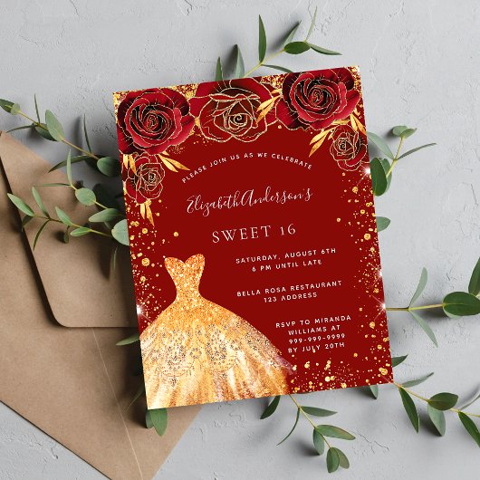 Sweet 16 Rot Gold Glitzer Kleid Blumenladen Postkarte