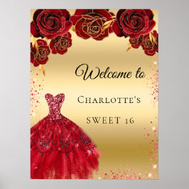 Sweet 16 Rot Gold Kleid Blumenempfang Poster
