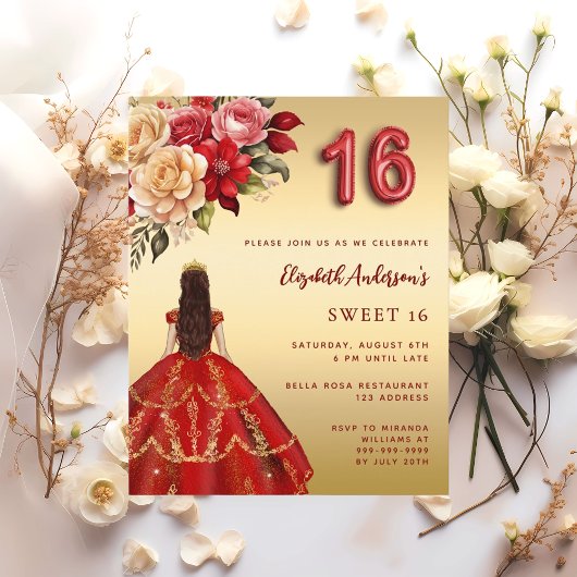 Sweet 16 Rot-Gold-Kleidung Florale Rose Einladung