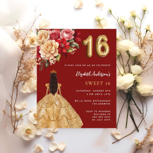 Sweet 16 Rot-Gold-Kleidung Florale Rose Einladung