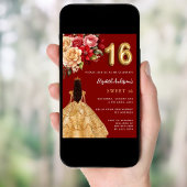 Sweet 16 Rot-Gold-Kleidung Florale Rose Einladung