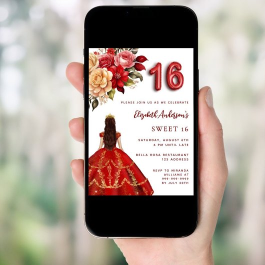 Sweet 16 Rot Gold Kleidung Florale Rose weiß Einladung