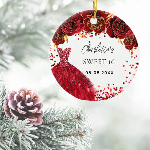 Sweet 16 Rot Kleid Blume weiß Keramik Ornament