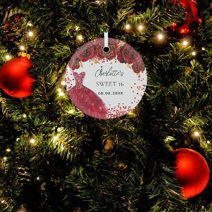 Sweet 16 Rot Kleid Blume weiß Ornament Aus Glas