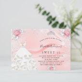 Sweet 16 rot Rosa Glitzer Kleid tiara Blumenstrauß Einladung (Stehend Vorderseite)