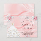 Sweet 16 rot Rosa Glitzer Kleid tiara Blumenstrauß Einladung (Vorne/Hinten)