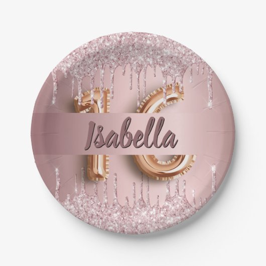 Sweet 16 rot Rosa Glitzer Name glamourös Pappteller (Vorderseite)