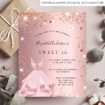 Sweet 16 rot rosa Rosa Goldkleid Einladungspostkarte<br><div class="desc">Eine moderne, stilvolle und glamouröse Einladung zu einer Sweet 16. Geburtstagsfeier. Rosa Untergrund mit goldenen Rose-Imitaten Glitzern und rosa Kleid. Der Name wird mit einem handgeschriebenen Stilskript geschrieben. Personalisieren Sie Ihre Party-Daten und fügen Sie sie hinzu. Tipp: Wenn Sie es nicht so gewollt haben, dass es wie eine Postkarte aussieht,...</div>
