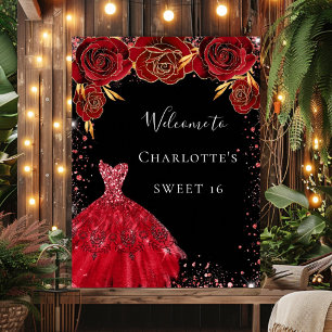 Sweet 16 rot-schwarzes Kleid Blumen Willkommen Poster