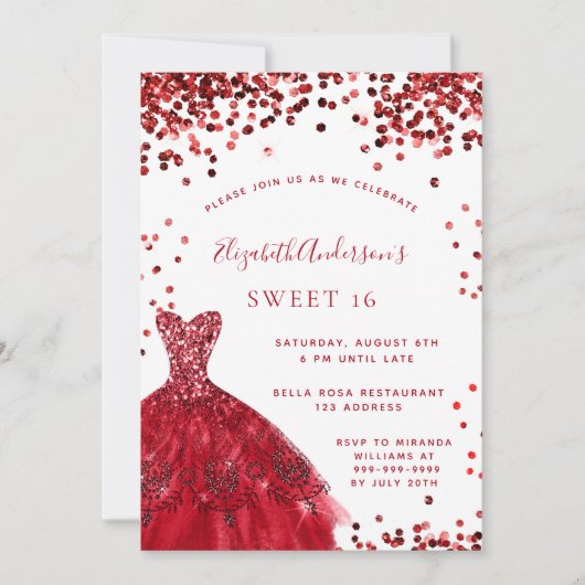 Sweet 16 rot weißes Kleid elegant Einladung (Vorderseite)