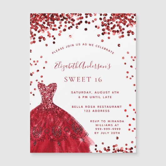 Sweet 16 rot weißes Kleid Luxus Magneteinladung (Vorderseite)