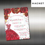 Sweet 16 rot weißes Kleid Luxus Magneteinladung<br><div class="desc">Eine moderne,  stilvolle und glamouröse Einladung zu einer Sweet 16. Geburtstagsfeier. Weißer Hintergrund mit Glitzern,  rotes Kleid und rote Rosen,  Blumenmuster. Der Name ist mit einem modernen handgeschriebenen Stilskript geschrieben. Personalisieren Sie Ihre Party-Daten und fügen Sie sie hinzu.</div>