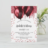 Sweet 16 rote Ballons weißer Luxus Einladung (Stehend Vorderseite)