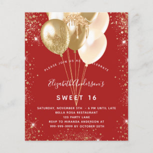 Sweet 16 rote goldene Ballons Budgeto-Einladung Flyer