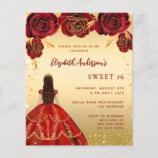 Sweet 16 rote goldene Kleiderfloralen Einladungen (Vorderseite)