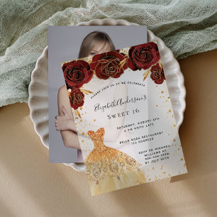 Sweet 16 rote Rosen Goldkleid Glitzer Pergament Einladungen