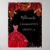 Sweet 16 rote schwarze Kleiderfloralen willkommen Poster (Vorne)