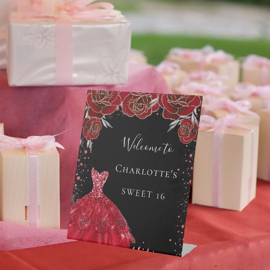 Sweet 16 rote schwarze Kleiderfloralen willkommen Sockelschild
