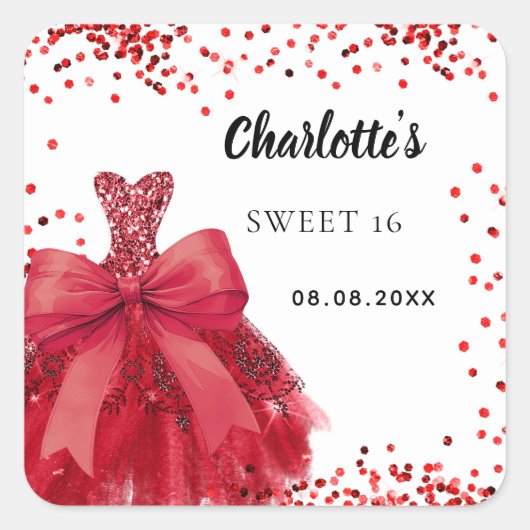 Sweet 16 rotes Kleid Bogen weiß Quadratischer Aufkleber (Vorderseite)