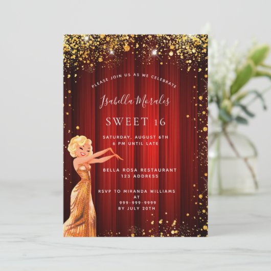 Sweet 16 Rotgold Glitzer Luxus-Film Einladung (Stehend Vorderseite)