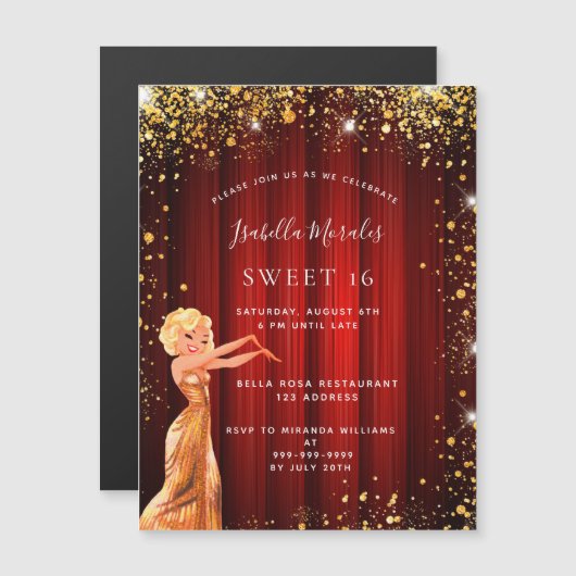 Sweet 16 Rotgold Glitzer Luxus-Film Magneteinladung (Vorne/Hinten)