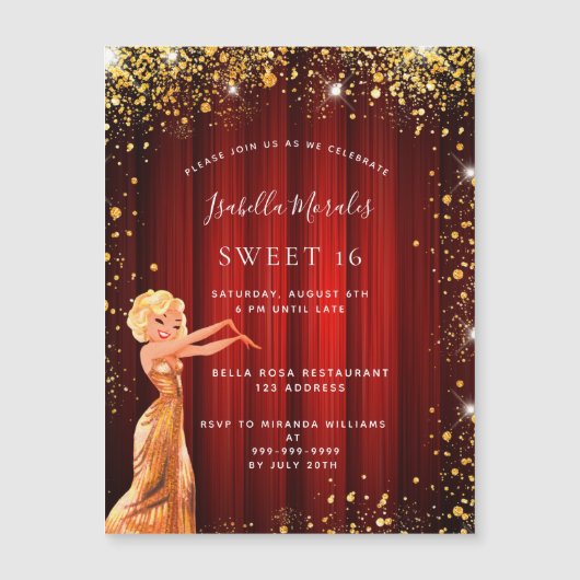 Sweet 16 Rotgold Glitzer Luxus-Film Magneteinladung (Vorderseite)