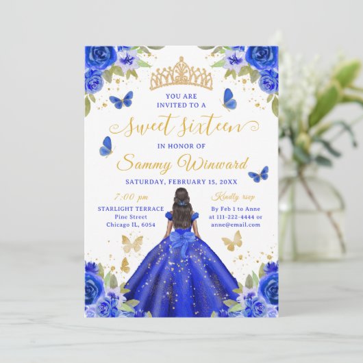 Sweet 16 Royal Blue Princess African American Girl Einladung (Stehend Vorderseite)