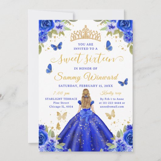 Sweet 16 Royal Blue Princess Blonde Girl Einladung (Vorderseite)