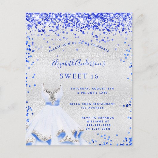 Sweet 16 Royal Blue Silber Budget Einladung Flyer (Vorne)