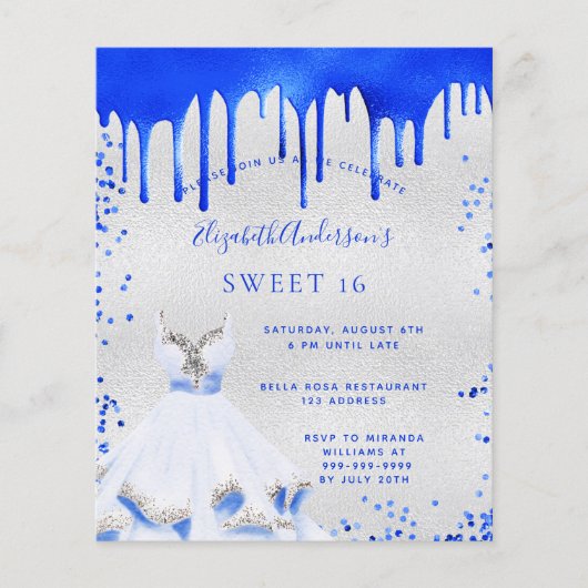 Sweet 16 Royal Blue Silber Einladung Budget Flyer (Vorne)