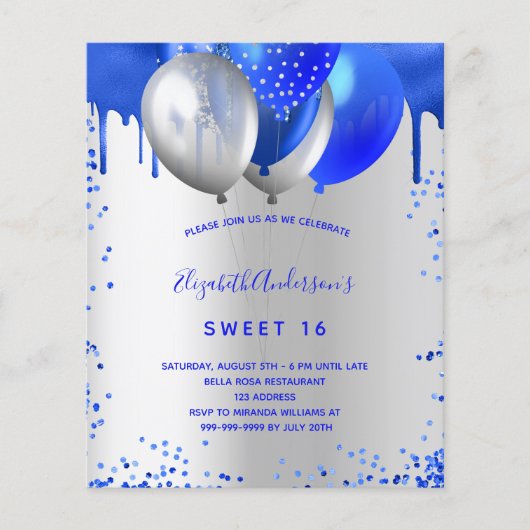 Sweet 16 Royal Blue Silber Einladung Budget Flyer (Vorne)