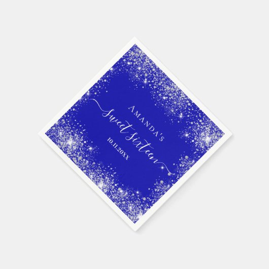 Sweet 16 Royal Blue Silber Glitzer Staub Monogramm Serviette (Ecke)