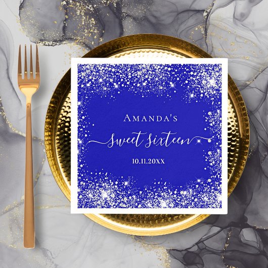 Sweet 16 Royal Blue Silber Glitzer Staub Monogramm Serviette