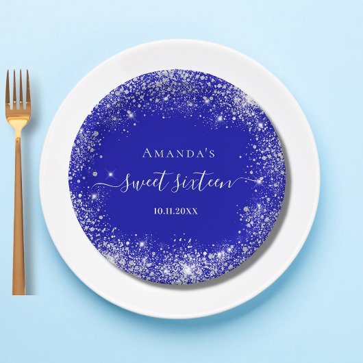 Sweet 16 Royal Blue Silver Glitzer Monogramm Pappteller