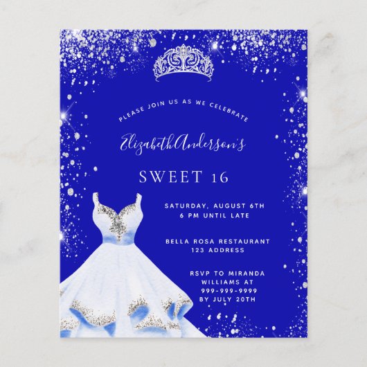 Sweet 16 Royal Blue Silver Kleid Einladung Flyer (Vorne)