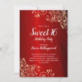 Sweet 16 Ruby Red Gold Wirbel Party Einladung (Vorderseite)