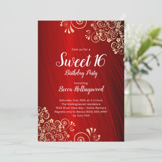 Sweet 16 Ruby Red Gold Wirbel Party Einladung (Stehend Vorderseite)