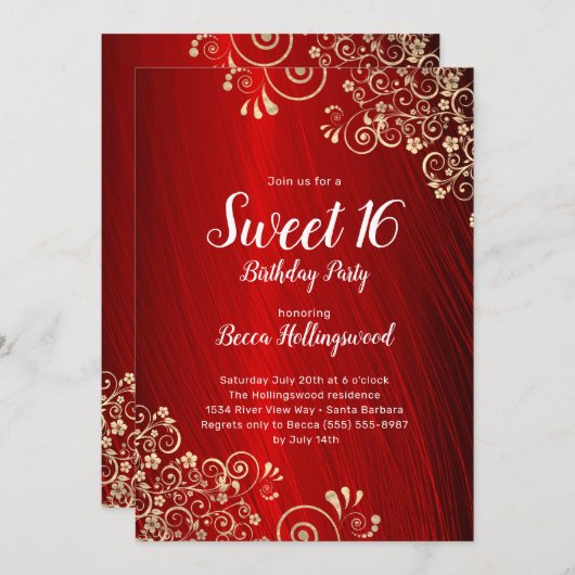 Sweet 16 Ruby Red Gold Wirbel Party Einladung (Vorne/Hinten)