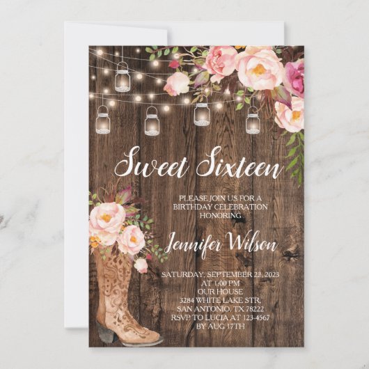 Sweet 16 Rustic Boho Blues String Lights Einladung (Vorderseite)
